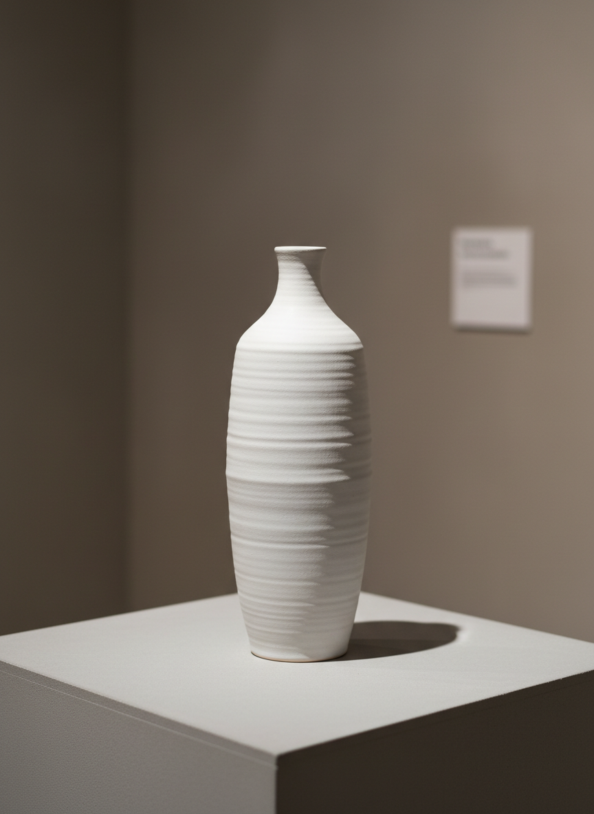 A close-up, photographic image of a refined ceramic piece by Maria Granada: a tall, slender stoneware vase with a matte, off-white glaze and subtle hand-carved linear patterns circling its surface. The vase sits on a minimalist concrete plinth against a softly textured, warm-gray wall. Diffused gallery-style lighting from above and slightly to the side brings out the surface relief, creating delicate shadows within the carved grooves. Shot at eye level with a centered, balanced composition and generous negative space around the vase, the mood is sophisticated, serene, and contemplative, emphasizing craftsmanship and materiality. A small, blurred wall card in the background hints at an exhibition setting in Madrid, Spain, without displaying readable text.