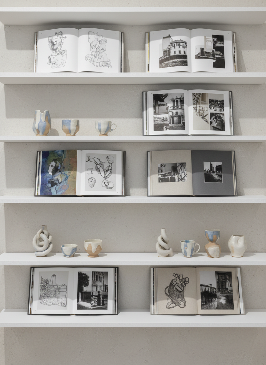 A carefully curated exhibition-style shelf dedicated to Maria Granada’s artist books and ceramics: staggered white shelves hold a series of small, uniquely shaped cups, bowls, and sculptural vessels in white, sand, and muted blue glazes, interspersed with upright and open artist books revealing intricate spreads of illustration and photo-based collage. The shelf is mounted on a pale, plaster wall in a contemporary Madrid loft. Soft, even gallery lighting bathes the objects, adding subtle highlights to the glazes and depth to the printed pages. Photographic realism, shot from a straight-on, eye-level perspective with sharp focus throughout the frame, creating a clean, sophisticated, editorial mood that quietly suggests contact and professional presentation without showing any explicit text or graphic icons.