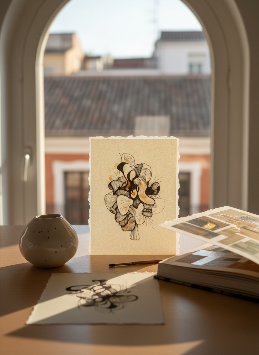 A carefully arranged tabletop composition showcasing Maria Granada’s multidisciplinary work: a delicate ink illustration on textured ivory paper, a small hand-built ceramic vessel with a satin white glaze and subtle speckles, and an artist book partially open to reveal layered, hand-printed pages. All pieces rest on a smooth light-wood desk in a quiet Madrid studio, near a large window overlooking soft, blurred city rooftops. Late afternoon natural light creates gentle highlights on the ceramics and soft shadows under the papers. Photographic realism, eye-level angle, with shallow depth of field so the artworks are in crisp focus while the urban background is softly out of focus, conveying a sophisticated, calm, contemporary atmosphere suitable for a portfolio homepage.