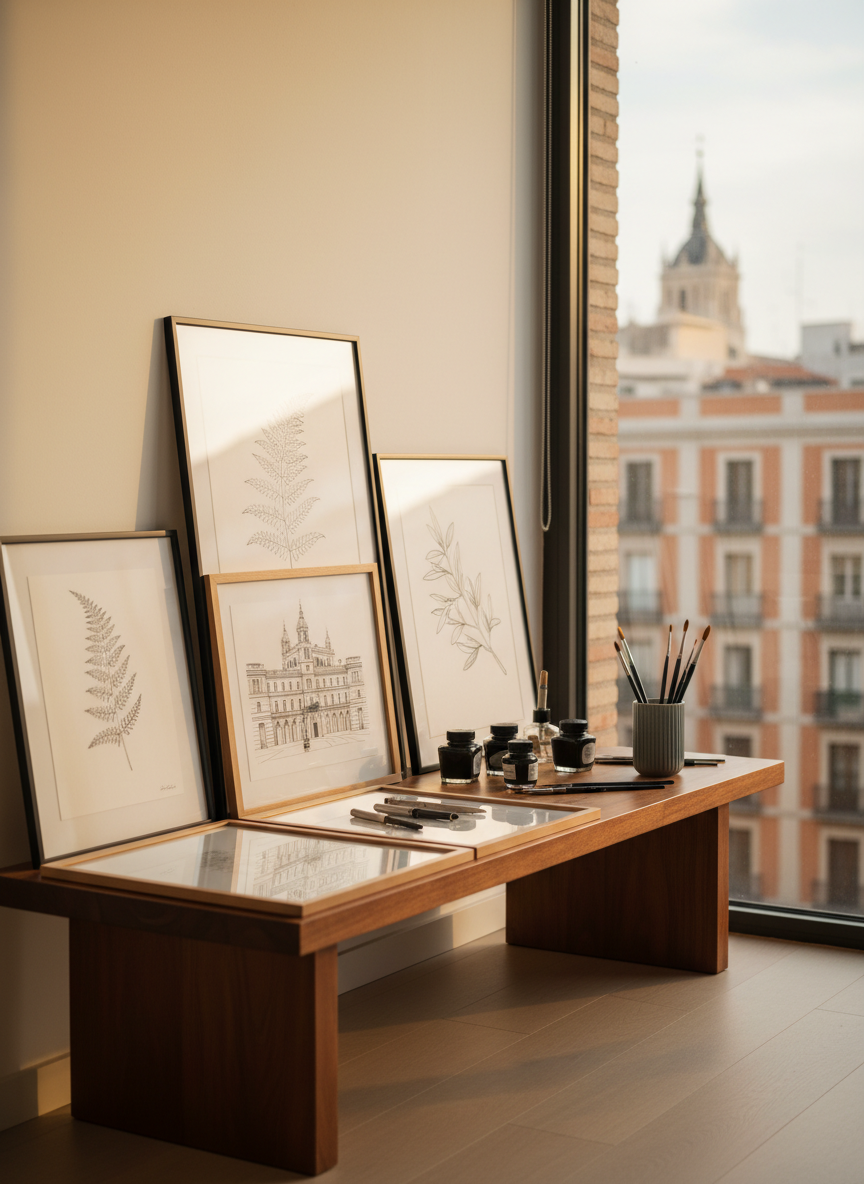 A sophisticated studio corner presenting Maria Granada’s illustration practice: several framed line-and-wash artworks with botanical and architectural motifs lean against a white wall on a low wooden bench. On the bench sit elegant drawing tools, ink bottles, and a fine ceramic cup holding brushes. Through a nearby window, a soft, out-of-focus glimpse of Madrid’s historic buildings appears. Late afternoon, golden-hour light spills in, creating warm reflections on the glass frames and soft shadows on the floor. Photographic realism, composed with asymmetrical balance and a moderate depth of field that keeps the artworks sharp while subtly blurring the studio edges, evoking a quiet, contemplative, and highly refined creative space suitable for a visual portfolio.