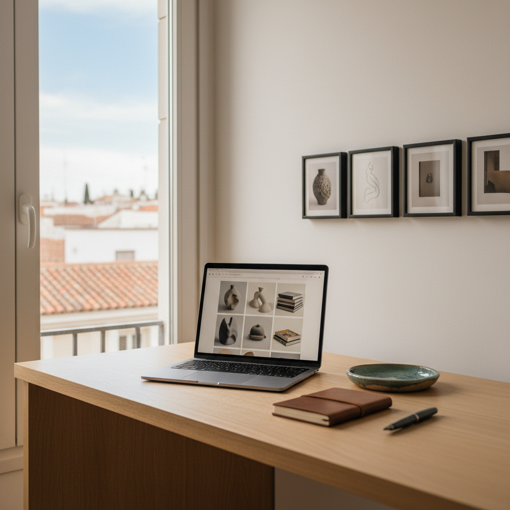 A refined desk scene suggesting professional contact with the artist Maria Granada: a minimalist, light-wood workstation holds a laptop displaying a blurred portfolio grid of illustrations, ceramics, and artist books, alongside a small ceramic tray, a closed sketchbook, and a sleek fountain pen. On the wall above, discreetly framed photographs of her work form a harmonious arrangement. Large windows reveal an out-of-focus view of Madrid’s rooftops and soft blue sky. Gentle, diffused daylight floods the space, creating a calm, inviting glow. Photographic realism, shot from a slightly elevated angle with shallow depth of field focused on the desk, evoking a sophisticated, approachable atmosphere that suggests an online contact point without showing legible text or interface details.